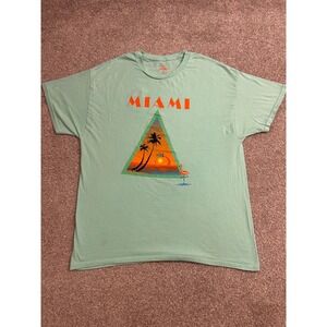 Altru Miami Graphic T-Shirt Mens XL Teal Green Good Flamingo Sunset Palm Tree